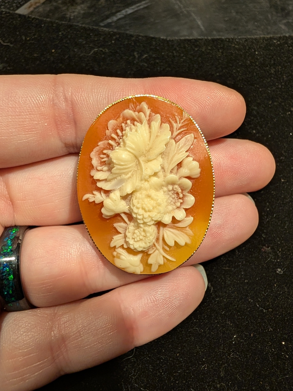 Carved Floral Cameo Brooch in Amber and Cream, Gold Tone